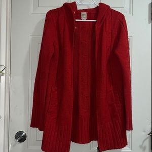 Red hooded sweater with front zipper